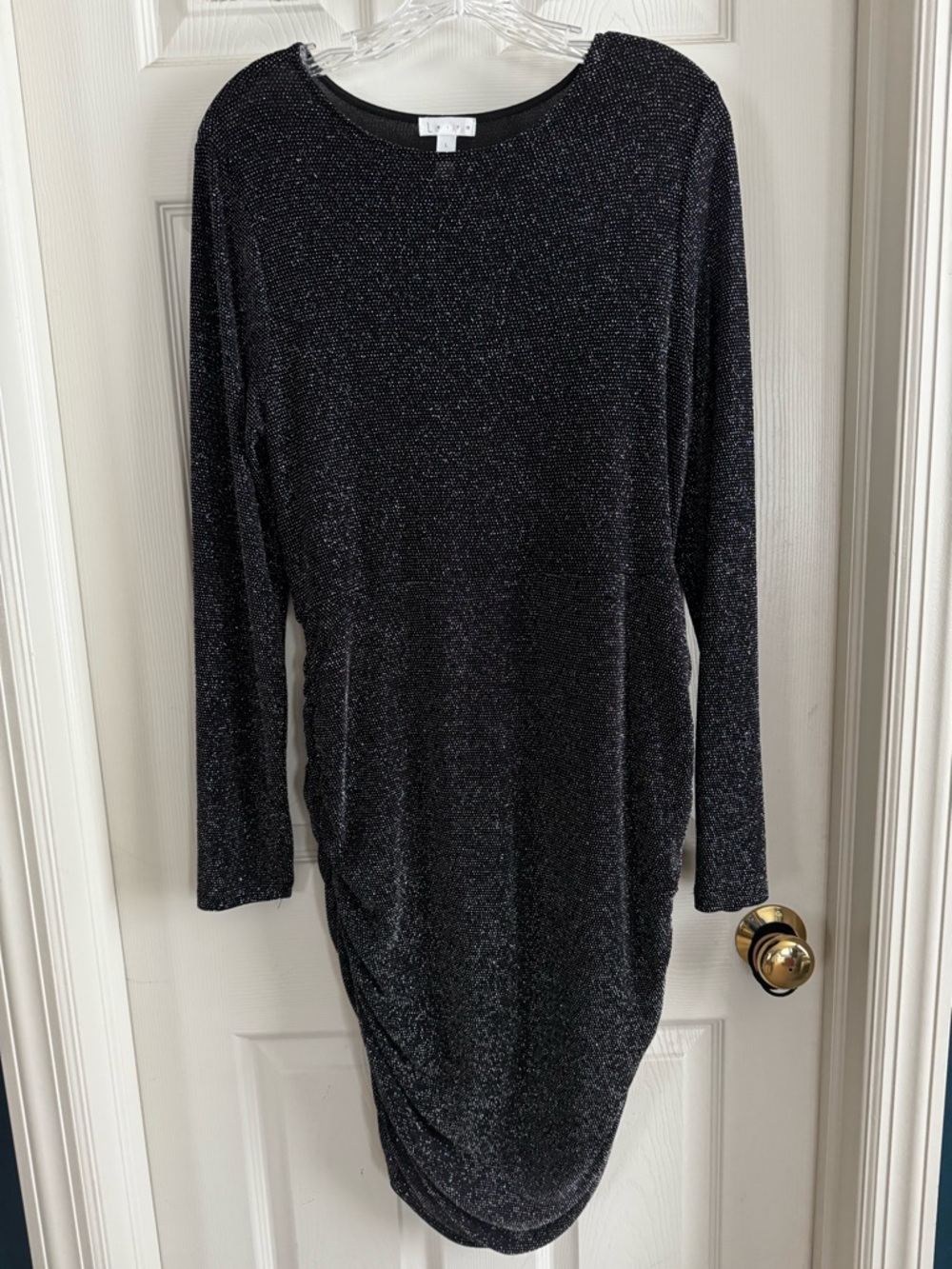 Leith Black Silver Sparkle Long-Sleeve Ruched Dress